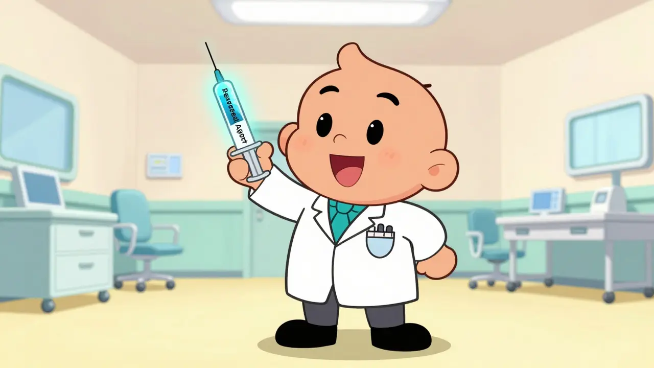 Doctor in a cartoon hospital holding a medical reversal agent syringe