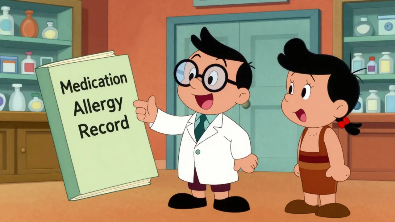 Friendly cartoon pharmacist helping a patient keep an allergy record book.