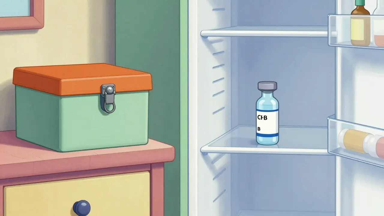 Illustration of a locked medicine box on a dresser and a vial in a refrigerator center shelf.