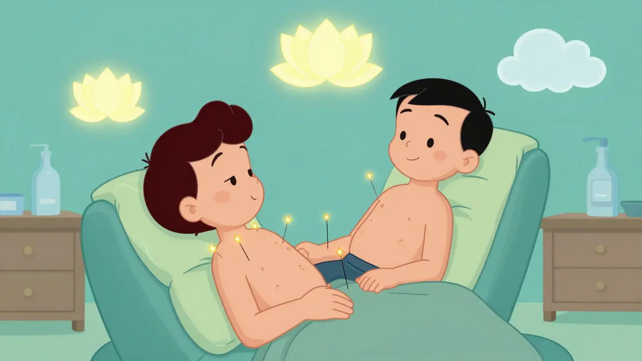 Illustration of a patient receiving acupuncture and mindfulness therapy in a peaceful setting.