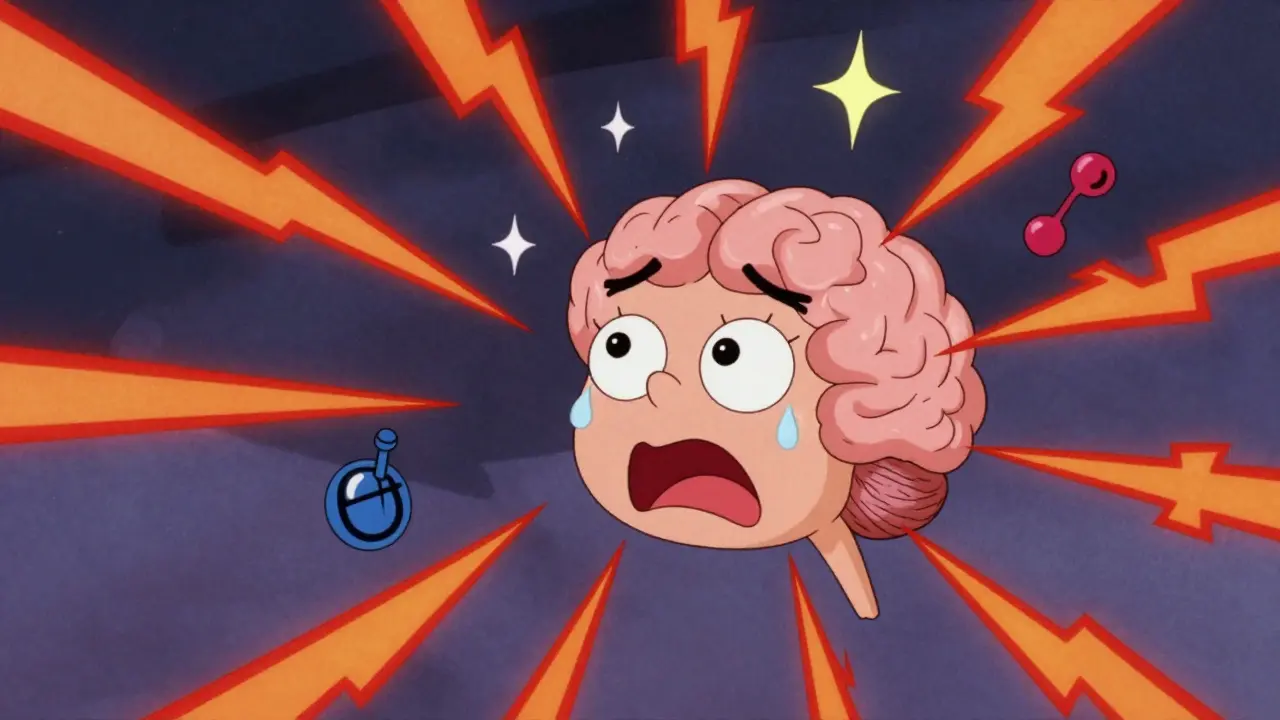 Panic-stricken brain character surrounded by red lightning bolts and chemical symbols.