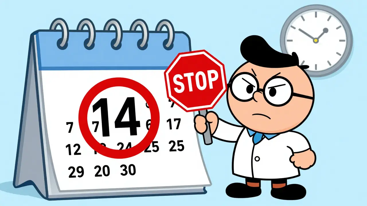 Pharmacist holding a stop sign next to a calendar with 14 days circled.