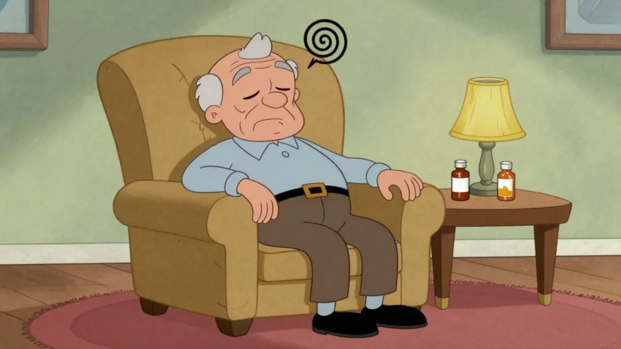 Sleepy elderly man slumped in a chair with a dizziness symbol above his head