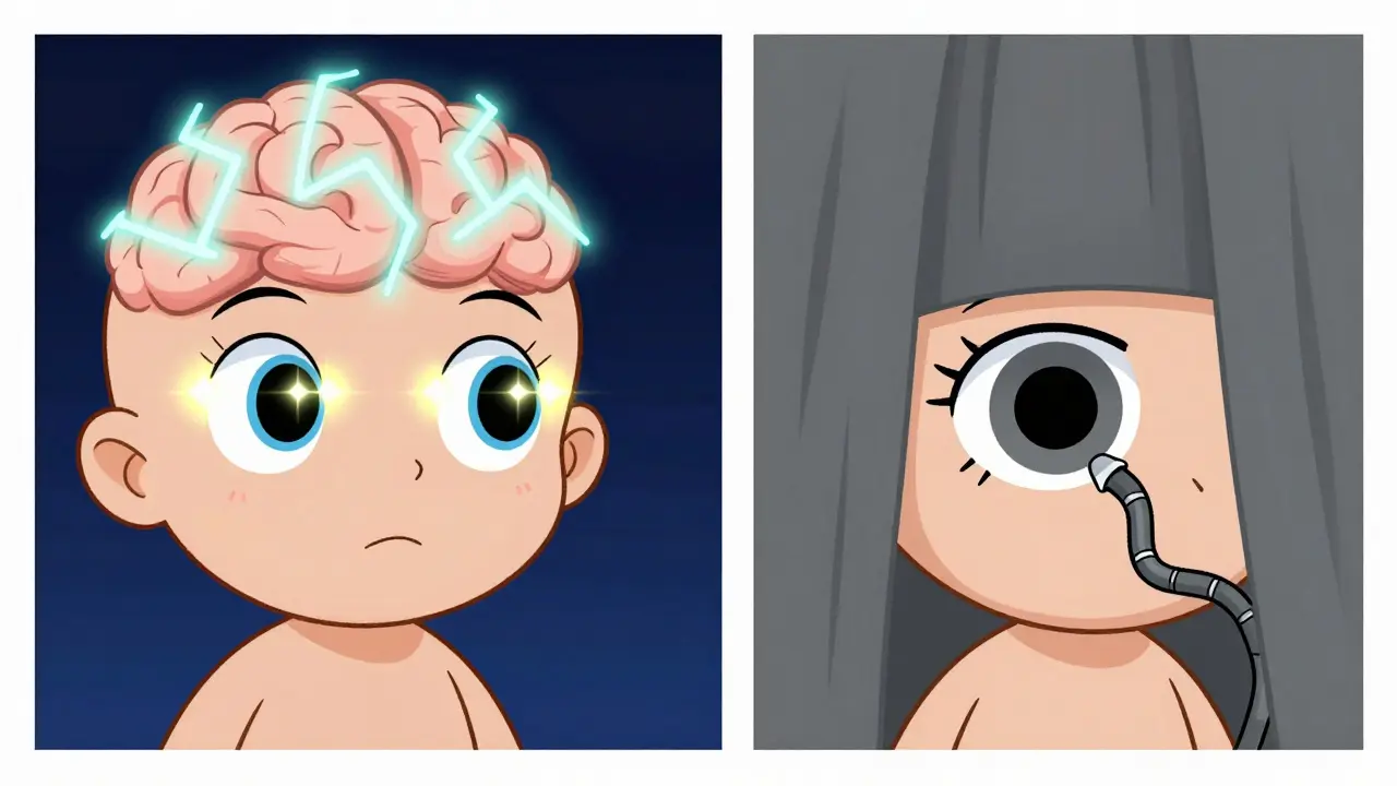 Split screen showing a brain electrical wave versus a kinked blood vessel in an eye.