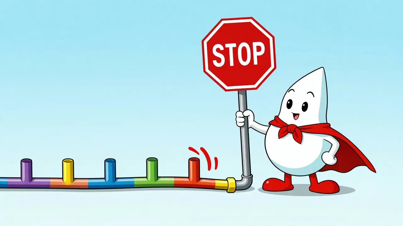 Stylized cartoon showing an anesthetic droplet blocking a pain signal on a nerve pathway.