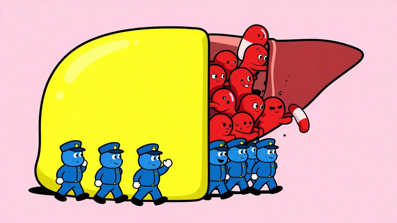 Tiny enzyme characters blocked by a giant pill, causing a buildup of other medication